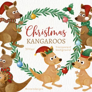 Christmas Kangaroo Watercolor Clip Art - Holiday Watercolor - Aussie Christmas - Australian Christmas - Aquarelle Kangaroo