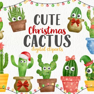 Christmas Cactus Digital Watercolor Clip Art - Cactus mignon, Clipart botanique, Succulent, Cacti Clipart et lumières de Noël