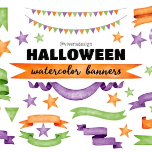 Halloween Watercolor Banners Ribbons Clip Art - Green, Purple, Orange Banners - Bunting & Balloons