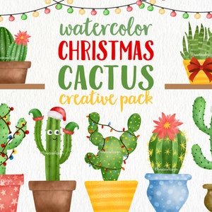 Christmas Cactus Creative Pack - Clip Art de acuarela digital - Cactus lindo, clipart botánico, suculenta, cánteres clipart y luces de Navidad