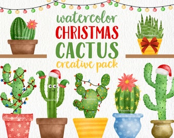 May include: Watercolor illustrations of Christmas cactus plants with red and green lights, a red flower, and a Santa hat. The text "watercolor CHRISTMAS CACTUS creative pack" is written in green and red letters.