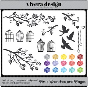 Ramas encantadoras aves jaulas flores clip art digital. bricolaje. Silueta Negra. Flores de colores. Invitaciones de boda novia ducha tarjetas ideas
