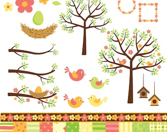 Digital Clip Art Pack - Birds, Trees, Birdhouse, Nest and Papers - It's A Warm Spring