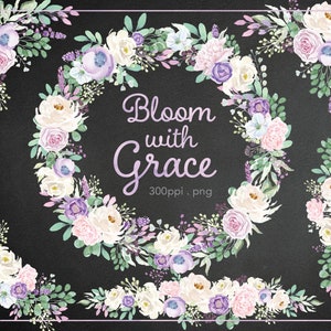 Mooie bloemenkrans en boeketten in wit, paars, lavendel, roze en groen blad - Digital Watercolor Clip Art - Zoet en mooi