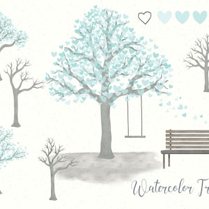 May include: Watercolour illustration of five trees with a bench and a swing. The trees are in various shades of grey and blue with heart-shaped leaves. The bench is brown wood and the swing is grey. The text "Watercolor Trees" is at the bottom of the image.