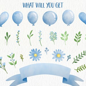 Może przedstawiać: Zestaw akwarelowych ilustracji przedstawiających niebieskie balony, kwiaty i liście. Tekst "WHAT WILL YOU GET" znajduje się w g&oacute;rnej części obrazu.