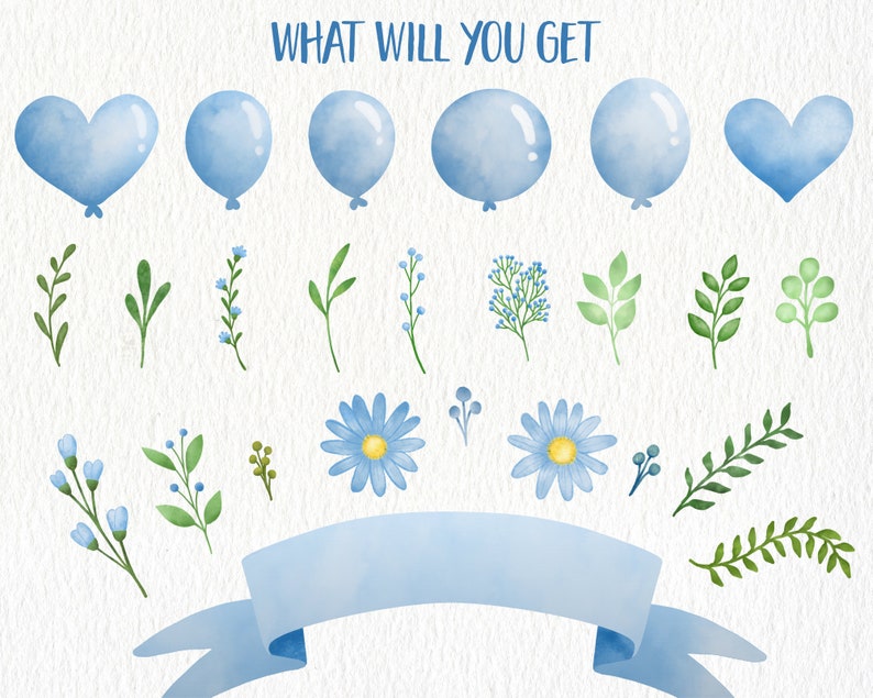 Może przedstawiać: Zestaw akwarelowych ilustracji przedstawiających niebieskie balony, kwiaty i liście. Tekst "WHAT WILL YOU GET" znajduje się w g&oacute;rnej części obrazu.