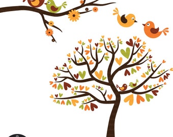 Love Birds in Fall Colors - Autumn Love Birds - Digital Clip Art