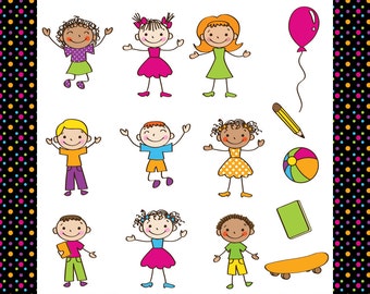 May include: A colorful illustration of children with different hairstyles and clothing. The children are holding various objects, including a pencil, a ball, a book, and a skateboard. The illustration is set against a black background with colorful polka dots.