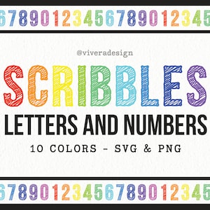 Modern Scribbles Letters and Numbers in 10 Colors | PNG Alphabet and Numbers | Bold Rainbow