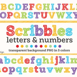 Scribbles Letters and Numbers in 5 Colors | PNG Alphabet and Numbers | Bold Rainbow