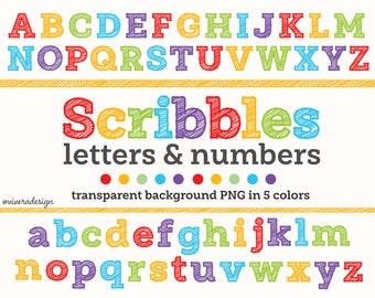 Scribbles Letters and Numbers in 5 Colors | PNG Alphabet and Numbers | Bold Rainbow