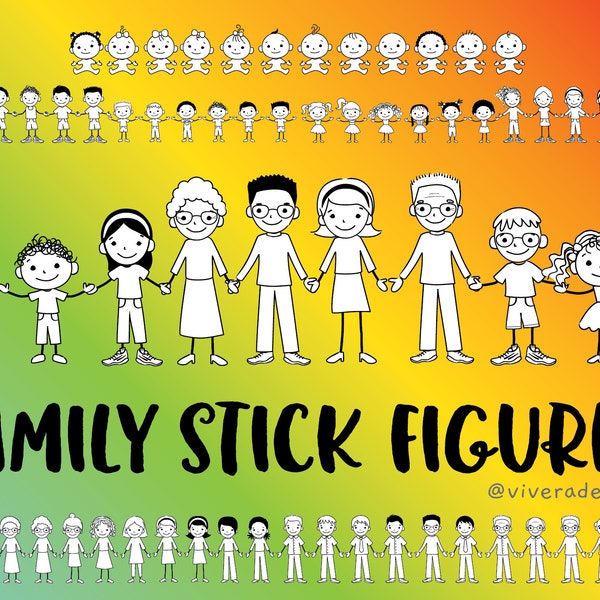 Family Stick Figures - 60 Individual PNG Images - Filled with White - Babies, Kids, Teens, Parents, and Grandparents