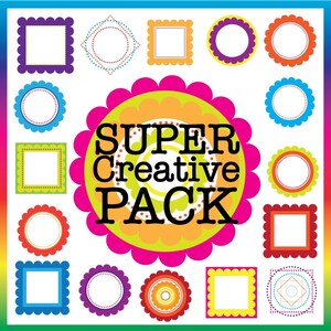 May include: A set of 16 colorful frames with scalloped, dotted, and square edges. The frames are perfect for adding a touch of whimsy to your crafts and projects. The text "SUPER CREATIVE PACK" is in the center of the image.