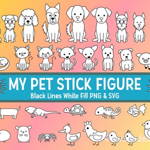 Famille Pet Stick Figures SVG | PNG | EPS - Black Lines White Fill - Line Art
