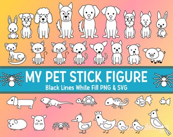 Family Pet Stick Figures SVG | PNG | EPS - Black Lines White Fill - Line Art