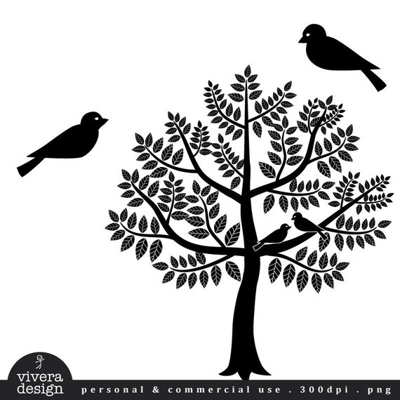 Download Digital Silhouette Love Birds Branches and Tree in Black ...