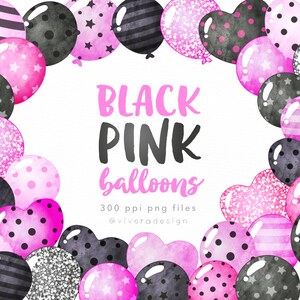Black and Pink Watercolor Balloon Clipart - Glam Sparkly Balloons - Decoratie voor berichten op sociale media, uitnodigingen en meer