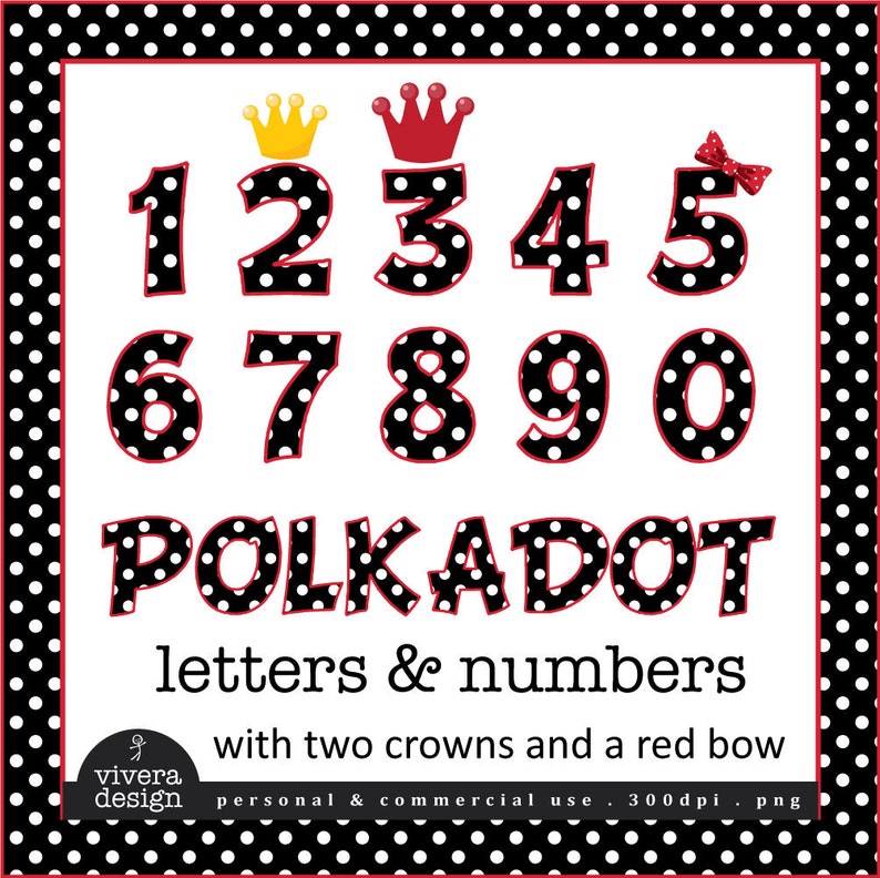 Digital Clip Art White Polka Dot on Black Letters and Numbers with Red Outine and additional Bow, and Crowns image 1