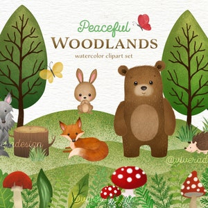 Vreedzame Bossen - Aquarel Animal Clip Arts - Beer, Konijntje, Wolf, Egel, Vos, Rode Paddestoelen - Digitale Aquarel Illustraties