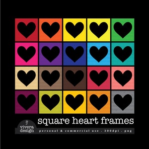 Square Heart Frames Digital Clip Art - in 20 Colors