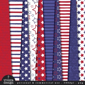 Fourth of July Independence Day Digital Paper Pack Star Stripes Dots in Red Blue and White image 1