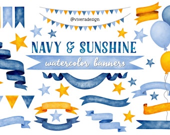 Navy and Sunshine Watercolor Ribbon Banners Clip Art - Sunny Yellow and Blue - Bunting & Balloons