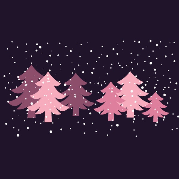 Digital Clipart - Winter Wonderland - Pink and Blue-Green Christmas Trees with Falling Snow