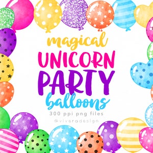 Rainbow Unicorn Party Watercolor Balloon Clip Art -  Blue Pink Purple Green Yellow and Orange - Bright Sparkly Balloons Clipart