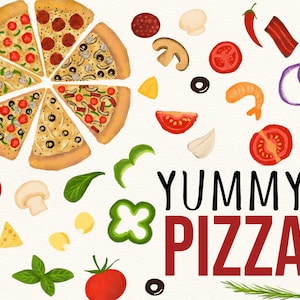 Watercolor Pizza Clipart: Hand-drawn Pizza Ingredients (PNG)
