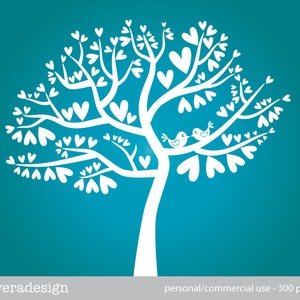 Silhueta de pássaros do amor na árvore do coração em branco - Clip Art digital - PNG e SVG
