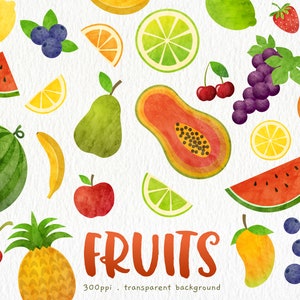 Fruits Watercolor Clip Arts - Apple, Watermelon, Strawberry, Pineapple, Grapes, Avocado, Blueberry, Strawberry, Cherry, Lemon, Lime, Mango