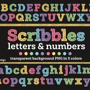 Scribbles Letters and Numbers in 5 Colors | PNG Alphabet and Numbers | Pastel Rainbow