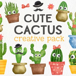 Cute Cactus Creative Pack - Digitale Aquarel Clip Art - Botanische Clipart, Sappige, Cactussen Clipart - Maak je eigen cactus