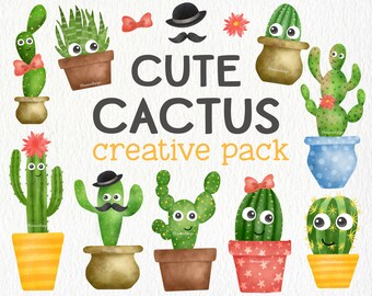 May include: A set of 10 cute cartoon cactus illustrations in watercolor style. The cacti are in various colors and have different expressions on their faces. The text "Cute Cactus Creative Pack" is written in black letters on a white background.