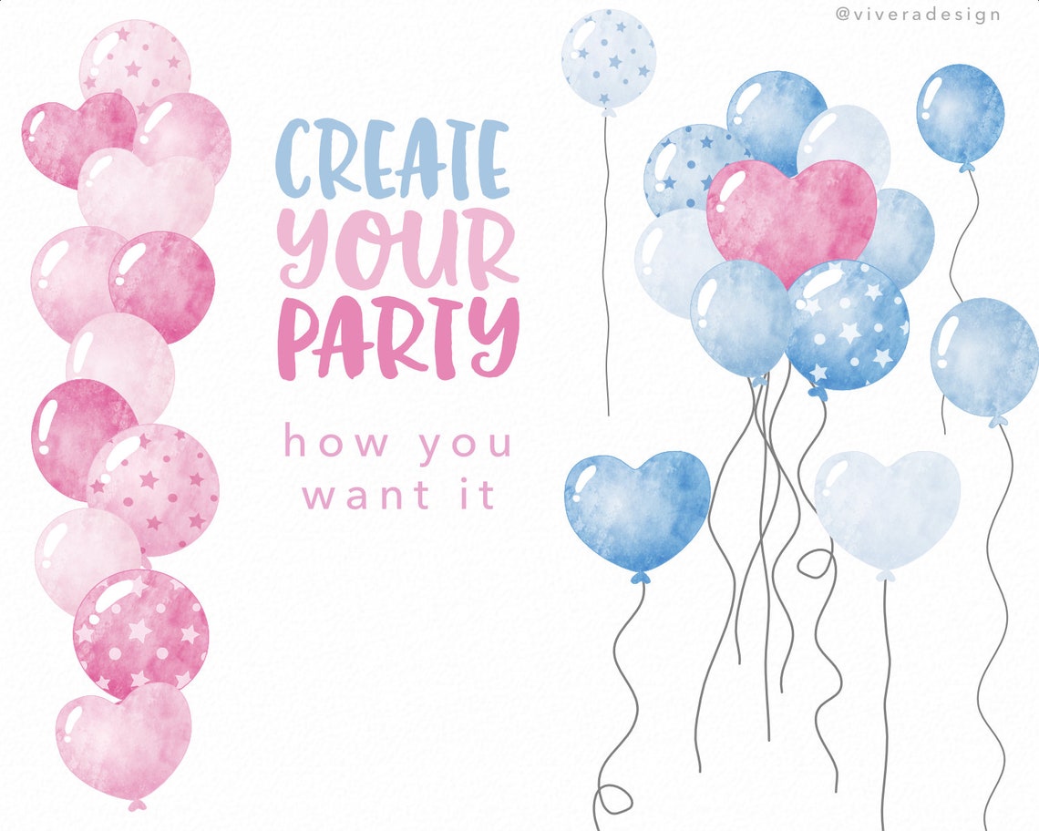 Pink and Blue Watercolor Balloon Clip Art Girl or Boy Etsy