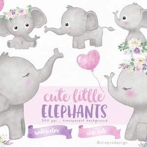 Süße kleine Elefanten, Luftballons und Blumen | Aquarell Digitale Clip Arts | Süße und hübsche | Lila, Lavendel und Pink
