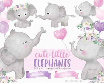 Cute Little Elephants, Balloons, and Flowers | Watercolor Digital Clip Arts | Sweet and Pretty | Purple, Lavender, and Pink