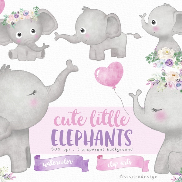 Cute Little Elephants, Balloons, and Flowers | Watercolor Digital Clip Arts | Sweet and Pretty | Purple, Lavender, and Pink
