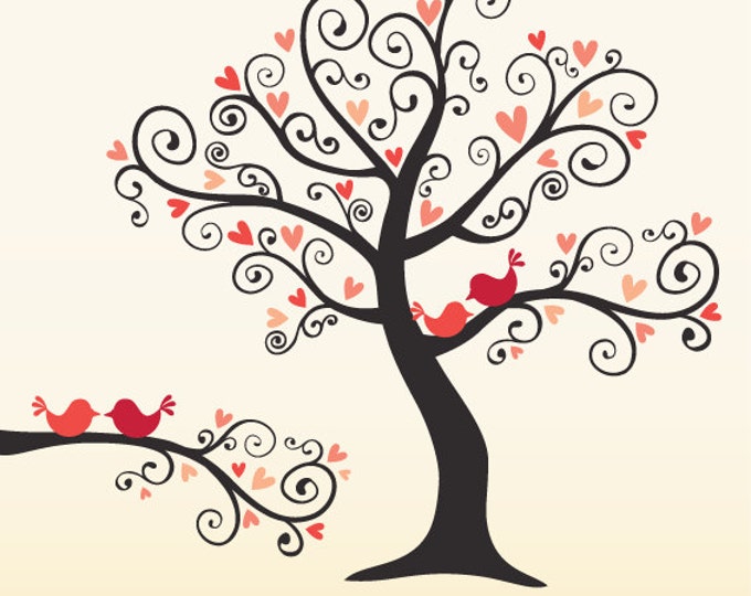 Love Birds on a Love Tree in Coral Pink Digital Clip Art - Etsy