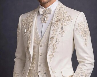 Elfenbein bestickter Herrenhochzeitsanzug Handverschönerter Herrenanzug, Maßgeschneiderter Outfit Cowboy Country Westernanzug