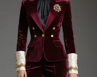 Luxury Burgundy Velvet Suit Set for Women | Royal European Blazer & Flared Pants | Embroidered Formal Outfit | Vintage Inspired Party Wear