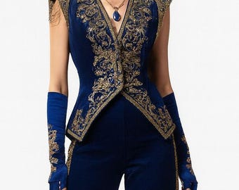 Traje de mujer personalizado de terciopelo azul real bordado con pantalones dorados hechos a mano, conjunto de chaqueta de diseñador de alta costura, traje formal para evento o boda.