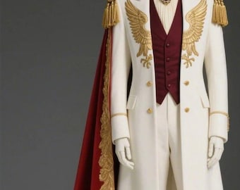 Traje de Príncipe Blanco Real personalizado con capa roja bordada, disfraz real para hombre, disfraz de rey imperial, disfraz de Navidad, boda y cosplay.