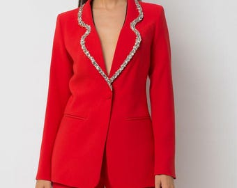 Custom Red Embellished Womens Pantsuit Elegant Crystal Trim Blazer Trouser Set | Formal Party Outfit | Power Suit for Women Wedding Cocktail