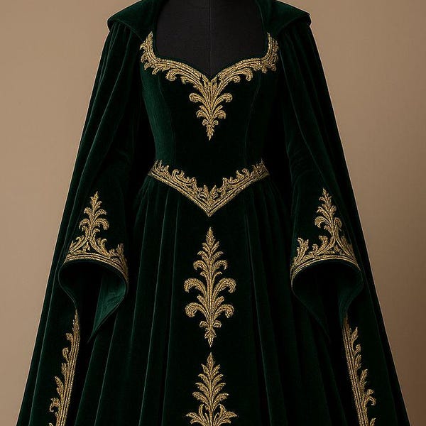 Green Medieval Velvet Gown Gold Embroidery Hooded Cape Royal Renaissance Fantasy Dress Custom Made Wedding Cocktail Attire Cosplay Costume