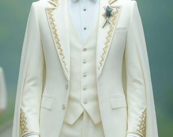Customized White Groom Cape Suit Men's Royal Wedding Cocktail Christmas Party Attire Baroque Venetian Renaissance Regal Groom Outfit