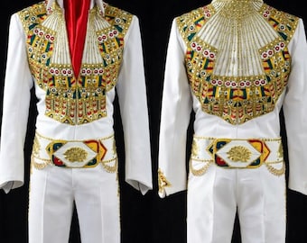 Mono bordado en oro blanco de estilo personalizado / Traje de escenario con diamantes de imitación / Traje de hombre personalizado / Traje de actuación con pantalones acampanados