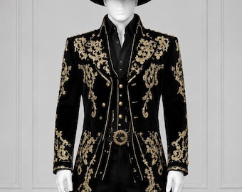 Black & Gold Western Suit, Men's Cowboy Duster Coat, Custom Embroidered Western Halloween Suit, Cowboy Wedding Outfit, Rodeo Formal Wear
