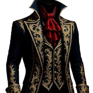 Może przedstawiać: Długi, granatowy płaszcz ze złotymi haftowanymi wzorami kwiatowymi. Płaszcz posiada wysoki kołnierz, czerwoną apaszkę i pasującą kamizelkę. Rękawy mają złote wykończenia, a mankiety są szczegółowe. To formalna odzież.